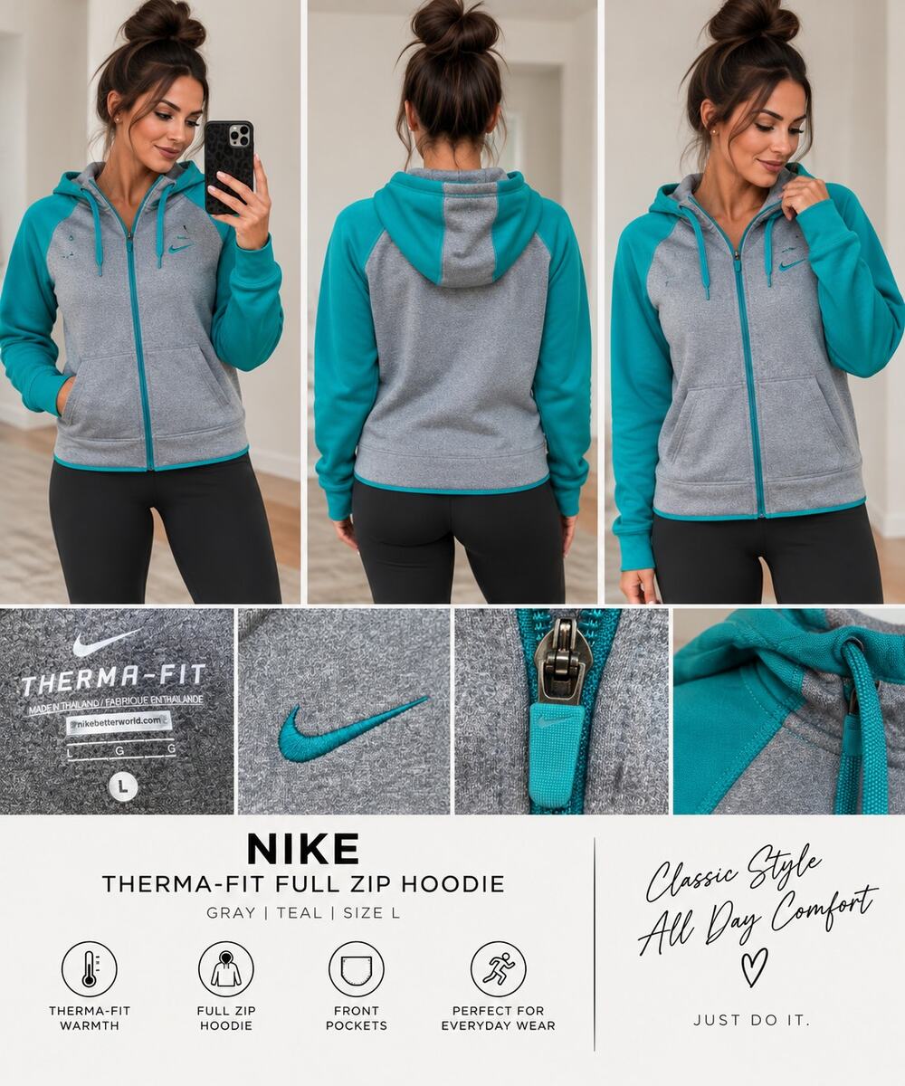 Nike Therma-FIT Womens Full Zip Hoodie Gray Teal Size L